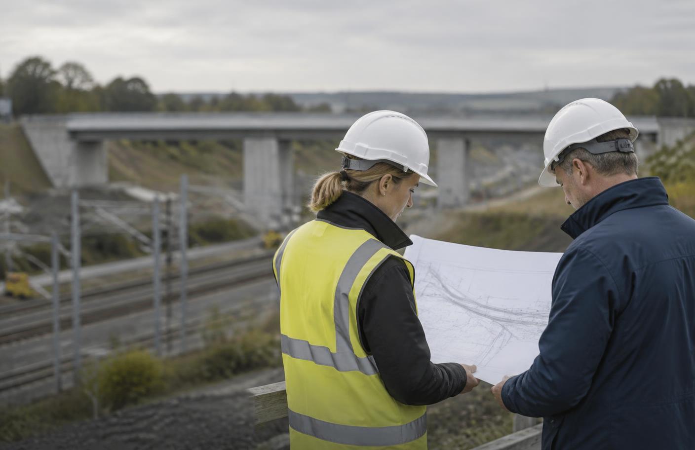 Two infrastructure professionals reviewing engineering drawings beside a railway project
